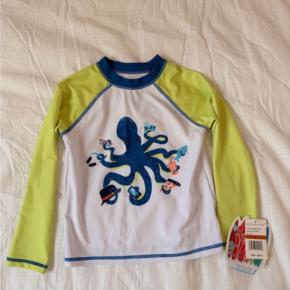 Andy & Evan Blue Octopus Rashguard with Neon Yellow-Green Sleeves Size 5